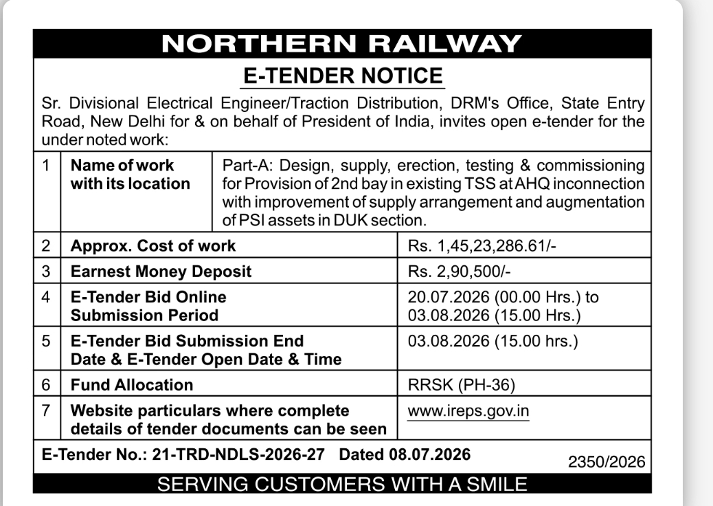 Northern Railway Invites E-Tender for Traction Distribution Work in Delhi Division