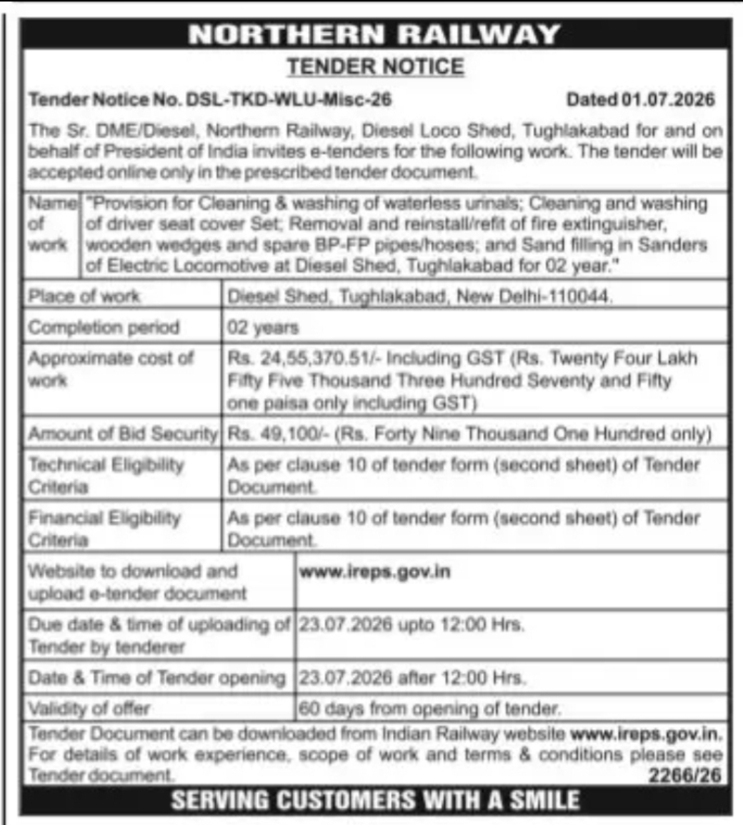 Northern Railway Invites E-Tenders for Cleaning & Maintenance Services at Diesel Loco Shed, Tughlakabad