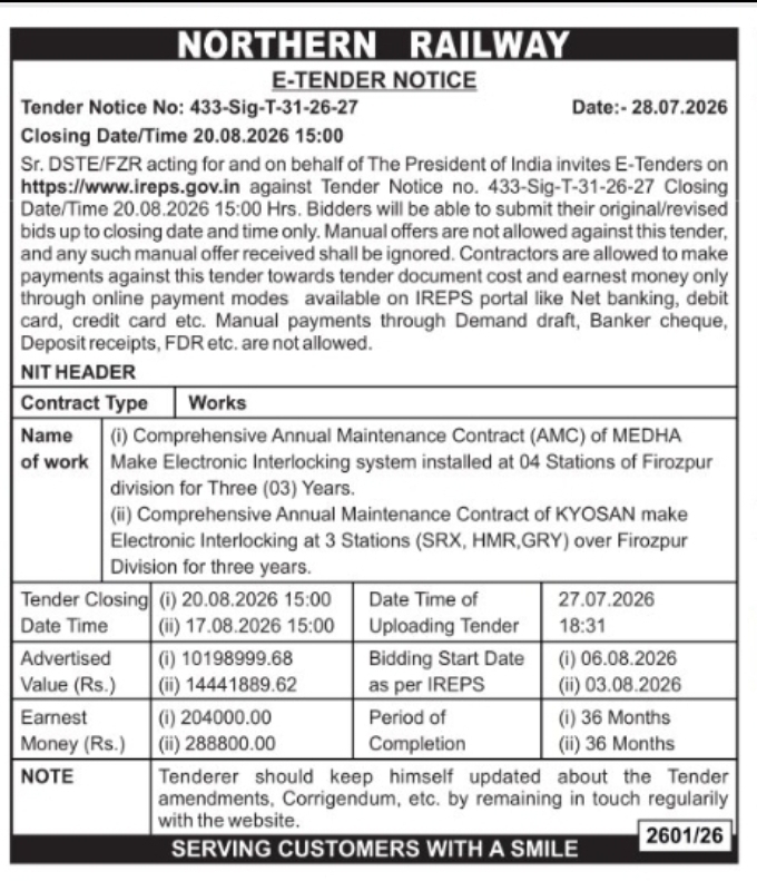 Northern Railway Invites E-Tenders for Electronic Interlocking AMC