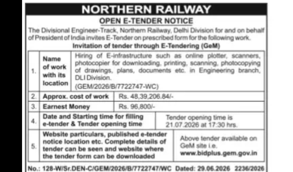 Northern Railway Invites E-Tenders for Hiring of E-Infrastructure Services