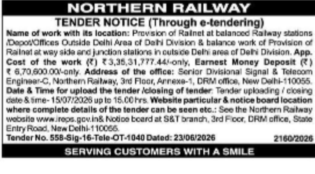 Northern Railway Invites E-Tenders for Railnet Provision Works in Delhi Division