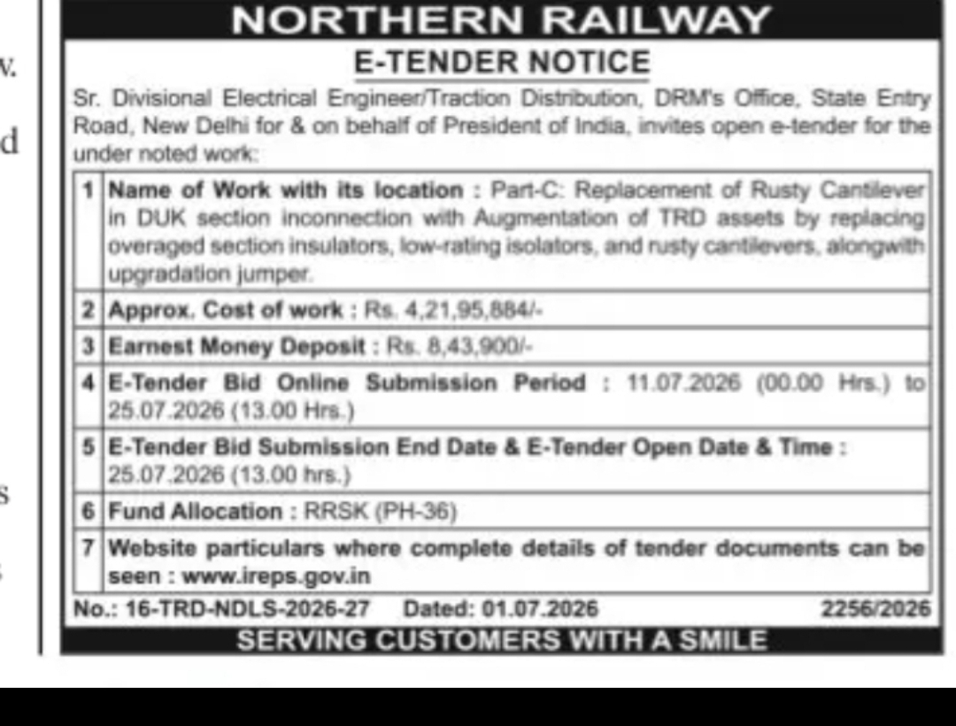 Northern Railway Invites E-Tenders for Replacement of Rusty Cantilevers in DUK Section