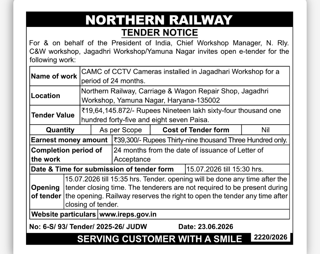 Northern Railway Invites Open E-Tenders for CAMC of CCTV Cameras at Jagadhri Workshop