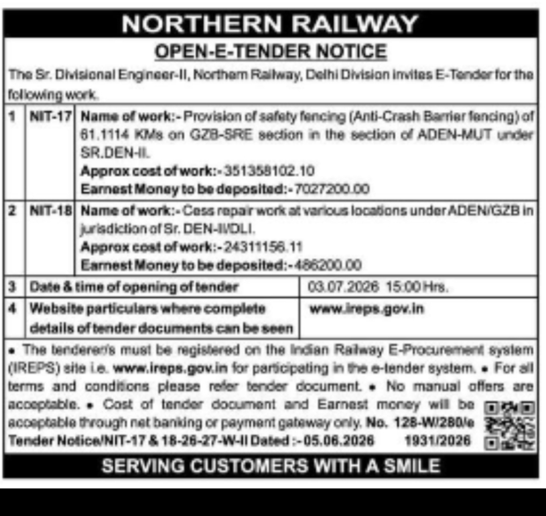 Northern Railway Invites Open E-Tenders for Safety Fencing and Cess Repair Works in Delhi Division