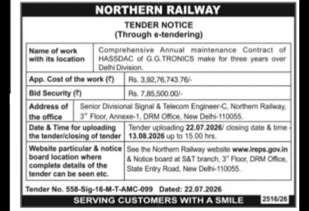 Northern Railway Invites Tender for HASSDAC Maintenance Contract, Delhi Division