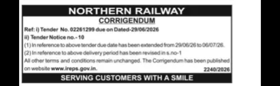 Northern Railway Issues Corrigendum for Tender No. 02261299
