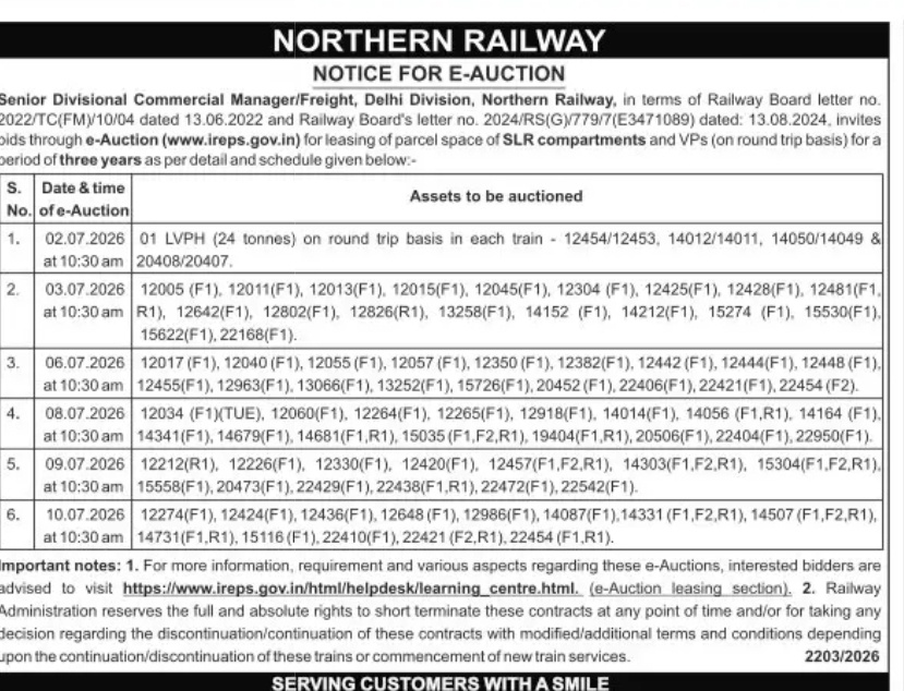 NORTHERN RAILWAY – NOTICE FOR E-AUCTION
