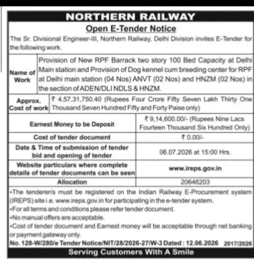 Northern Railway – Open E-Tender Notice (Delhi Division)