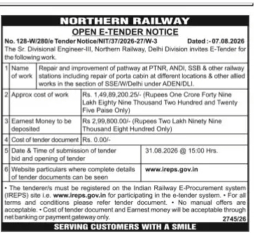 Northern Railway Open E-Tender Notice – Delhi Division