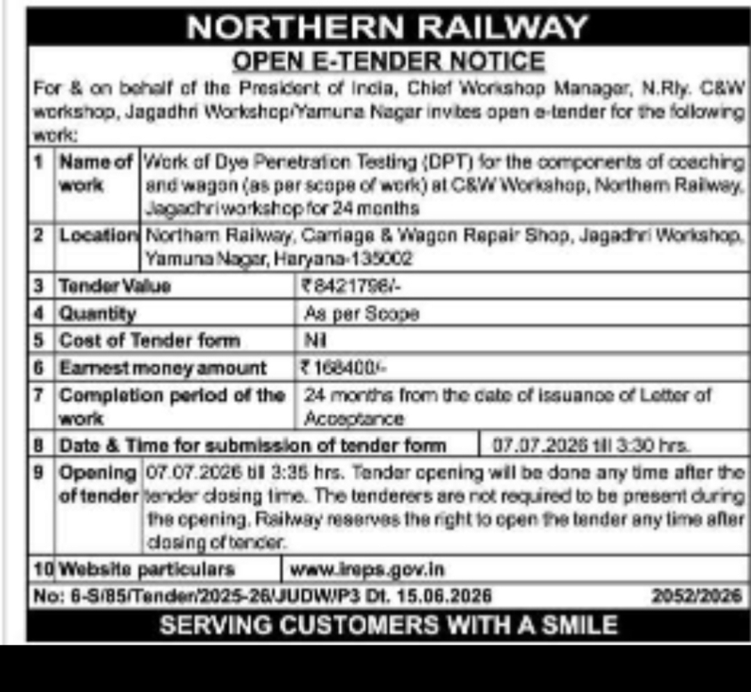 NORTHERN RAILWAY – OPEN E-TENDER NOTICE (Jagadhri Workshop, Yamuna Nagar)