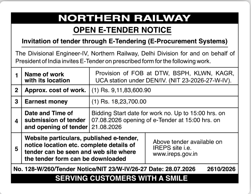 Northern Railway Open E-Tender Notice – Provision of FOB at Delhi Division Stations