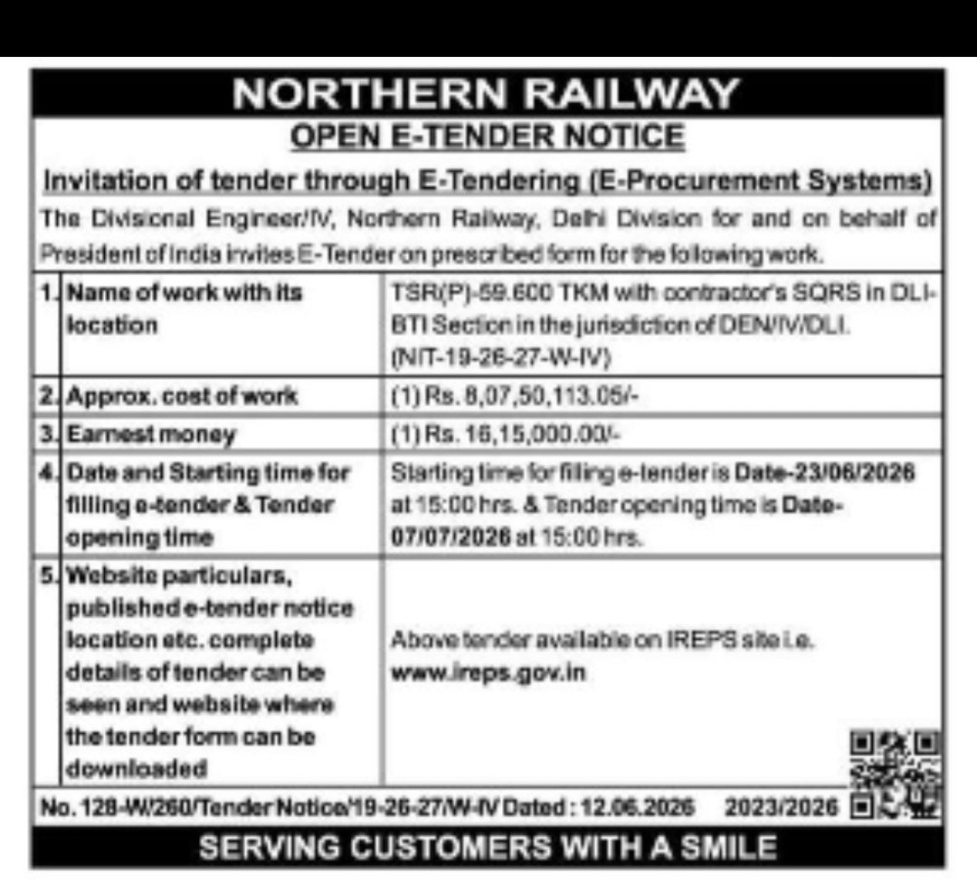 NORTHERN RAILWAY – OPEN E-TENDER NOTICE