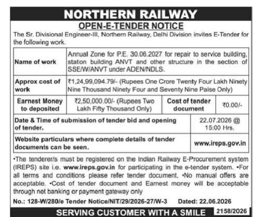 NORTHERN RAILWAY OPEN E-TENDER NOTICE