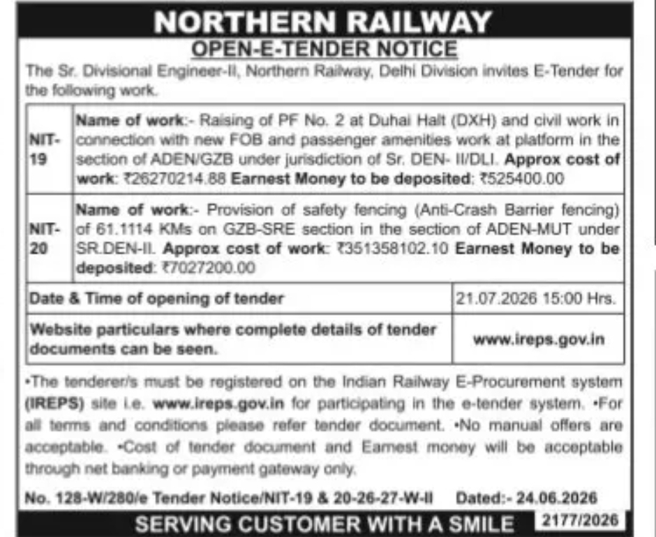 NORTHERN RAILWAY – OPEN E-TENDER NOTICE