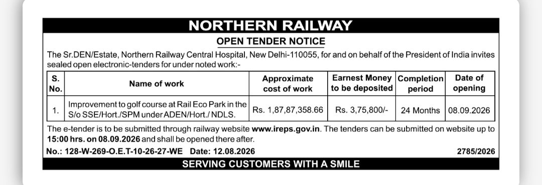 Northern Railway – Open Tender Notice for Improvement of Golf Course