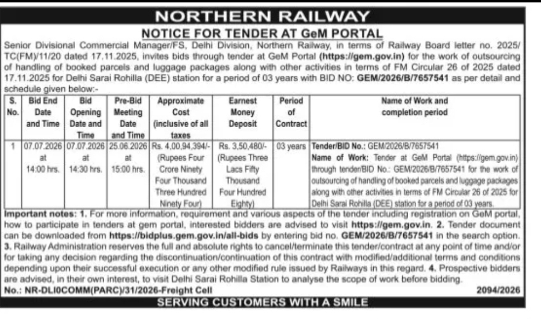 Northern Railway – Parcel & Luggage Handling Contract at Delhi Sarai Rohilla