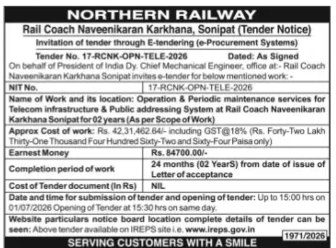 Northern Railway – Rail Coach Naveenikaran Karkhana, Sonipat E-Tender Notice