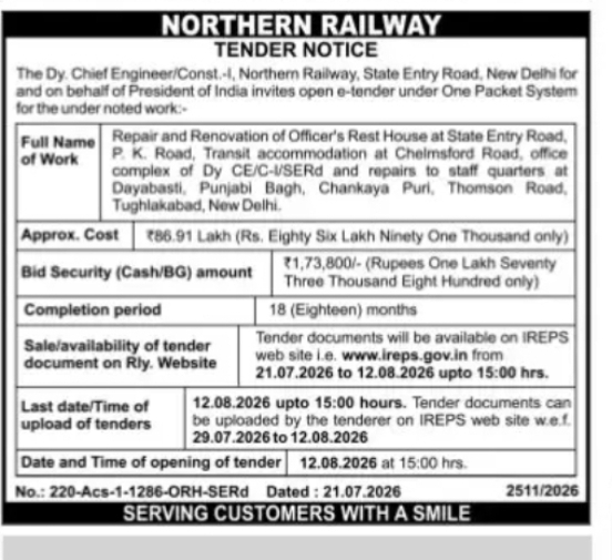 Northern Railway – Repair and Renovation Tender Notice