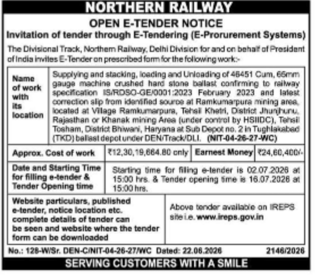 Northern Railway – Supply and Stacking of Railway Ballast at Tughlakabad Depot