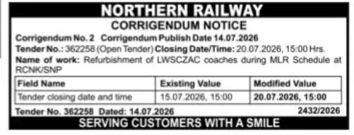 Northern Railway Tender Corrigendum – Refurbishment of LWSCZAC Coaches