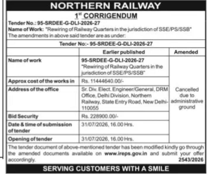 Northern Railway Tender Corrigendum – Tender Cancelled