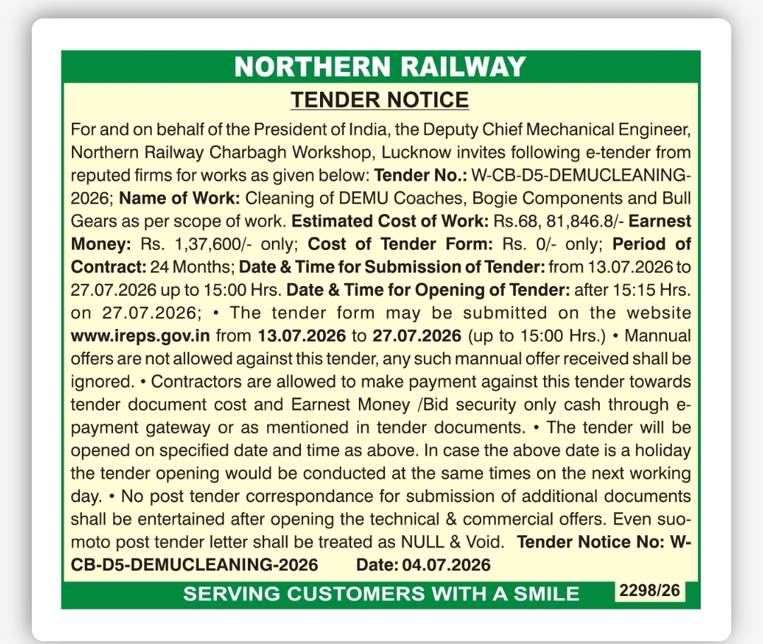 Northern Railway Tender Notice 2026 – DEMU Coaches Cleaning Work at Lucknow