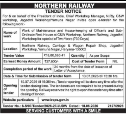 Northern Railway Tender Notice 2026 – Jagadhri Workshop, Haryana