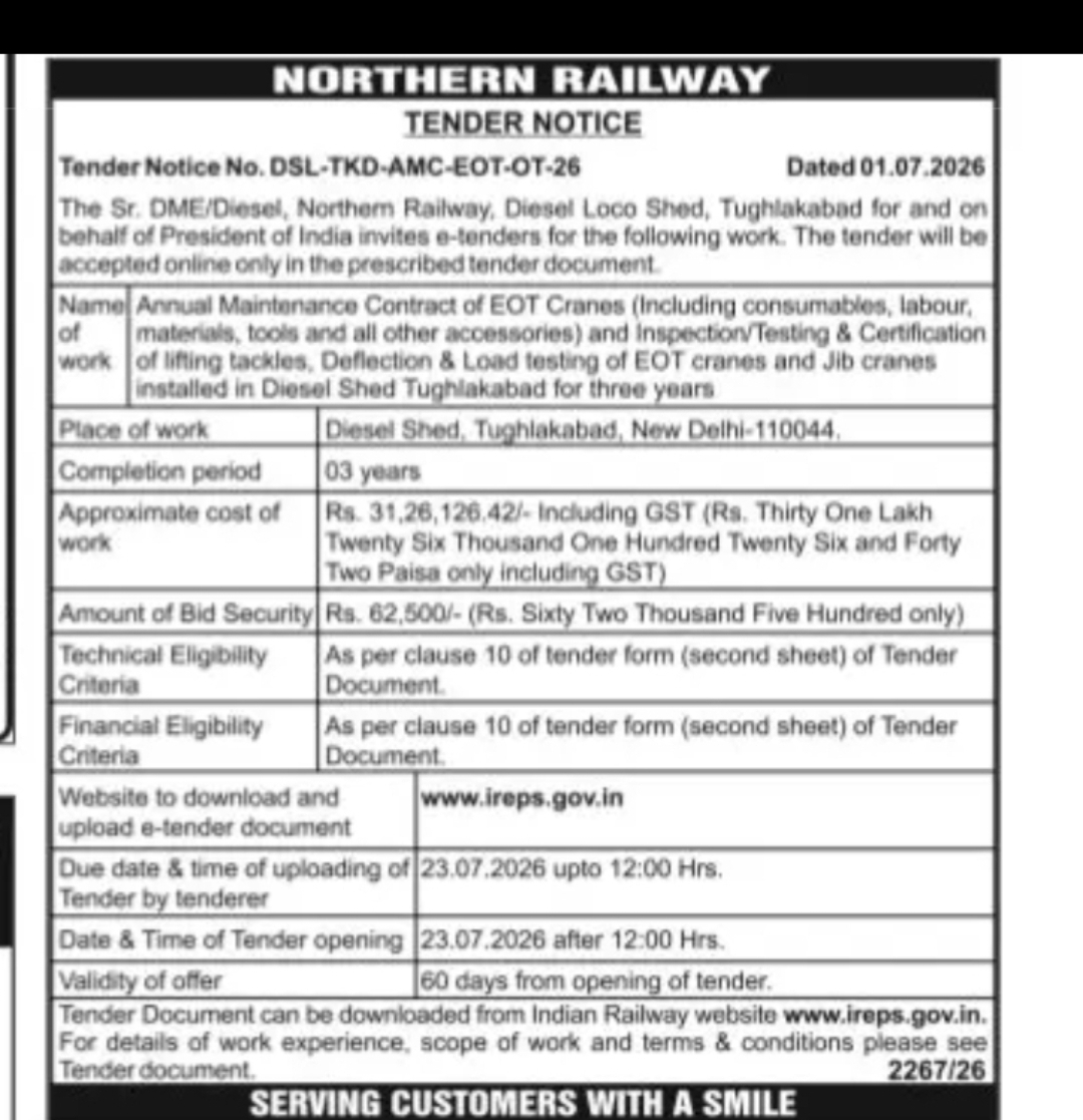 NORTHERN RAILWAY TENDER NOTICE – ANNUAL MAINTENANCE CONTRACT OF EOT CRANES