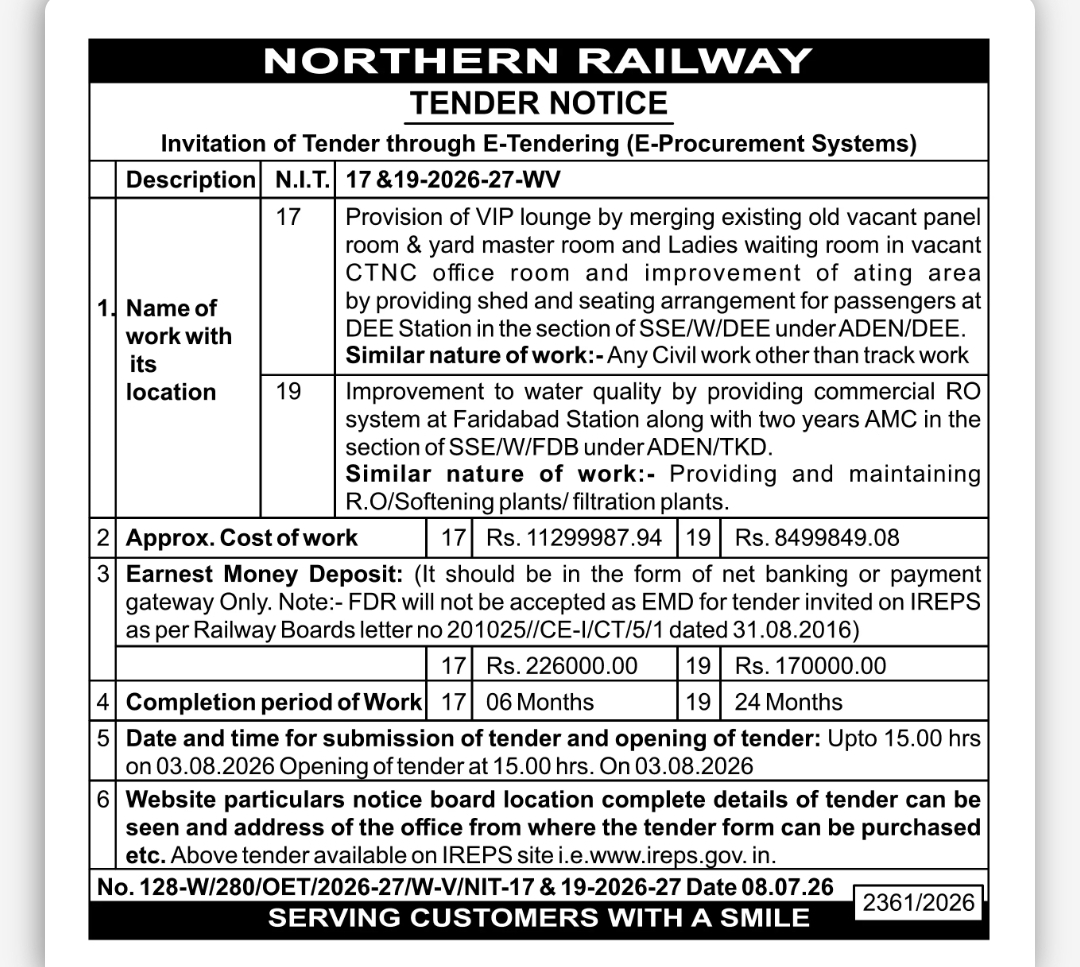 Northern Railway Tender Notice – Civil Works & RO System Installation at Railway Stations