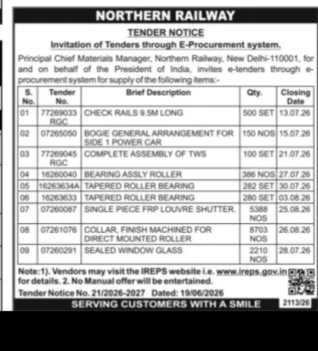 NORTHERN RAILWAY TENDER NOTICE – E-Procurement System