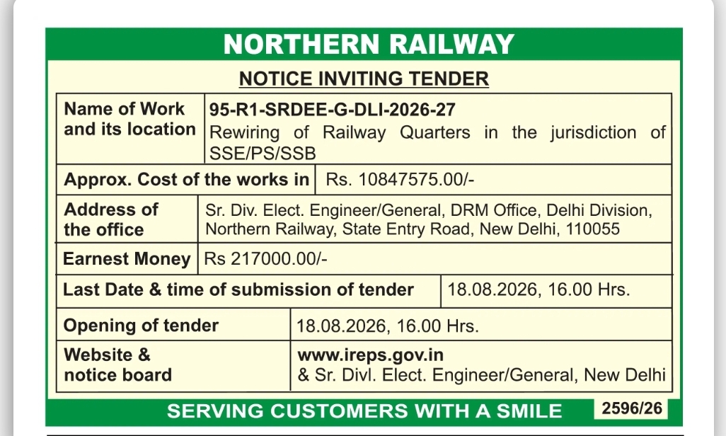 Northern Railway Tender Notice – Rewiring of Railway Quarters at Delhi Division