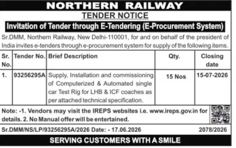 NORTHERN RAILWAY – TENDER NOTICE