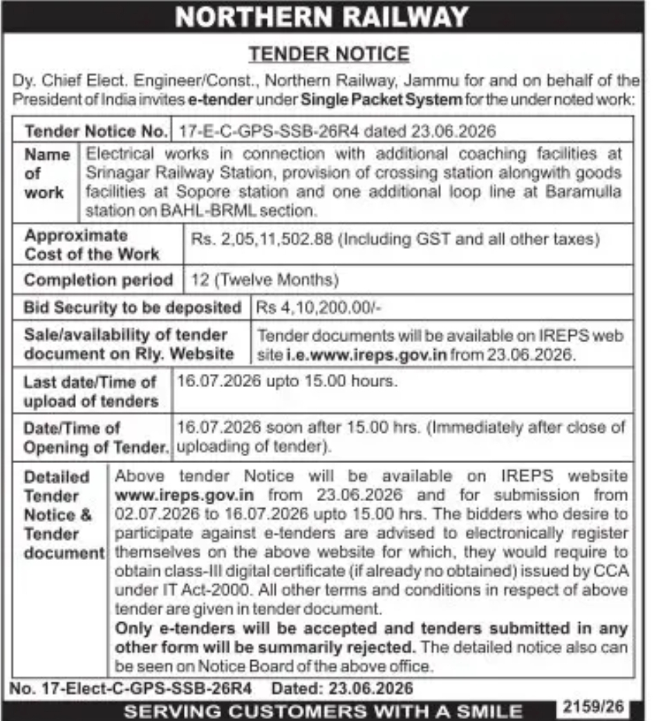 NORTHERN RAILWAY  TENDER NOTICE
