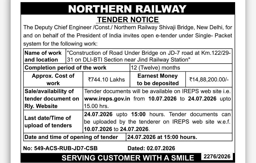 NORTHERN RAILWAY – TENDER NOTICE