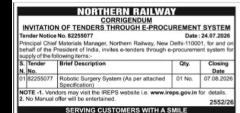 Northern Railway Tender – Robotic Surgery System Supply