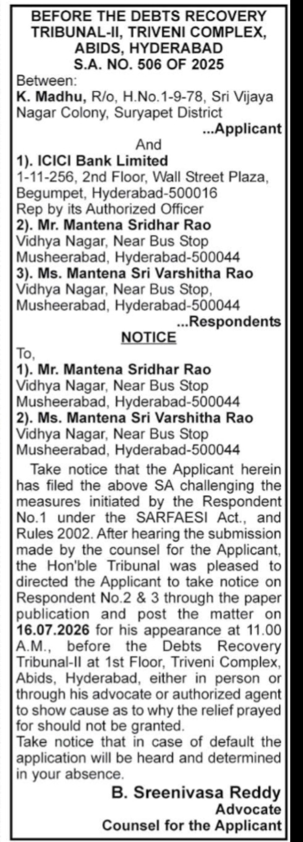 Notice before Debts Recovery Tribunal (DRT) – SARFAESI Act Proceedings
