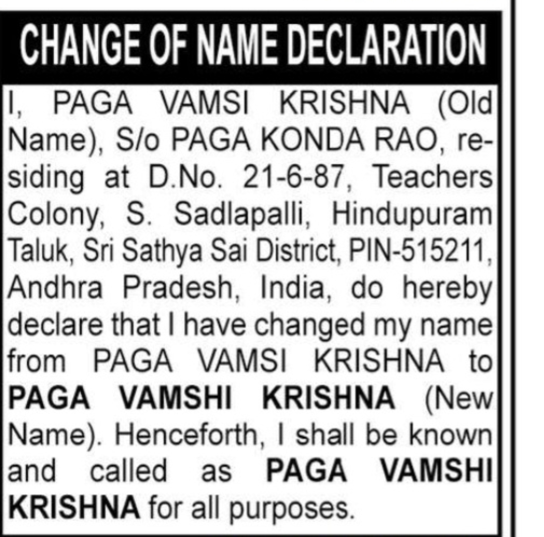 NOTICE – CHANGE OF NAME DECLARATION