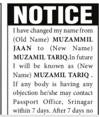 Notice – Change of Name from Muzammil Jaan to Muzamil Tariq