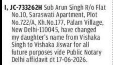 NOTICE – Change of Name of Daughter