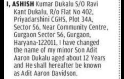 NOTICE – Change of Name of Minor Child (Adit Aaron Davidson)