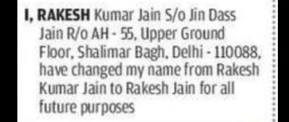 NOTICE – Change of Name (Rakesh Kumar Jain to Rakesh Jain)