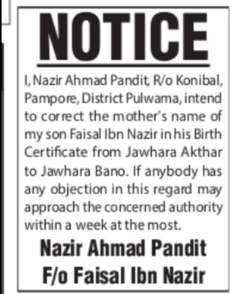 NOTICE – Correction in Birth Certificate