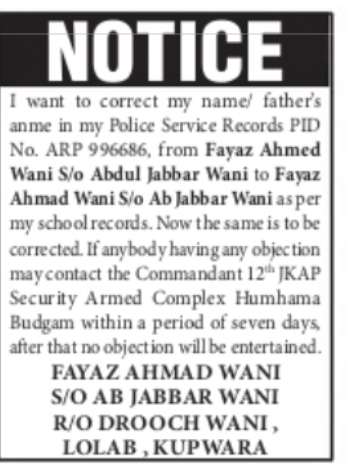 NOTICE: Correction in Police Service Records