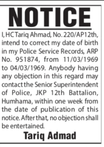 NOTICE – Correction of Date of Birth in Police Service Records