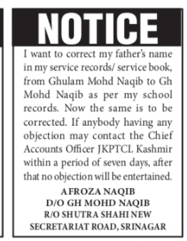 Notice – Correction of Father's Name in Service Records (Srinagar) Afroza Naqib