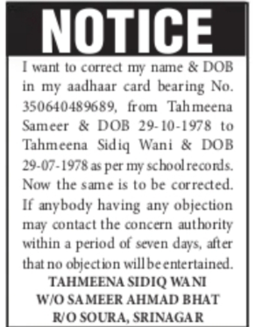 NOTICE – Correction of Name and Date of Birth in Aadhaar Card