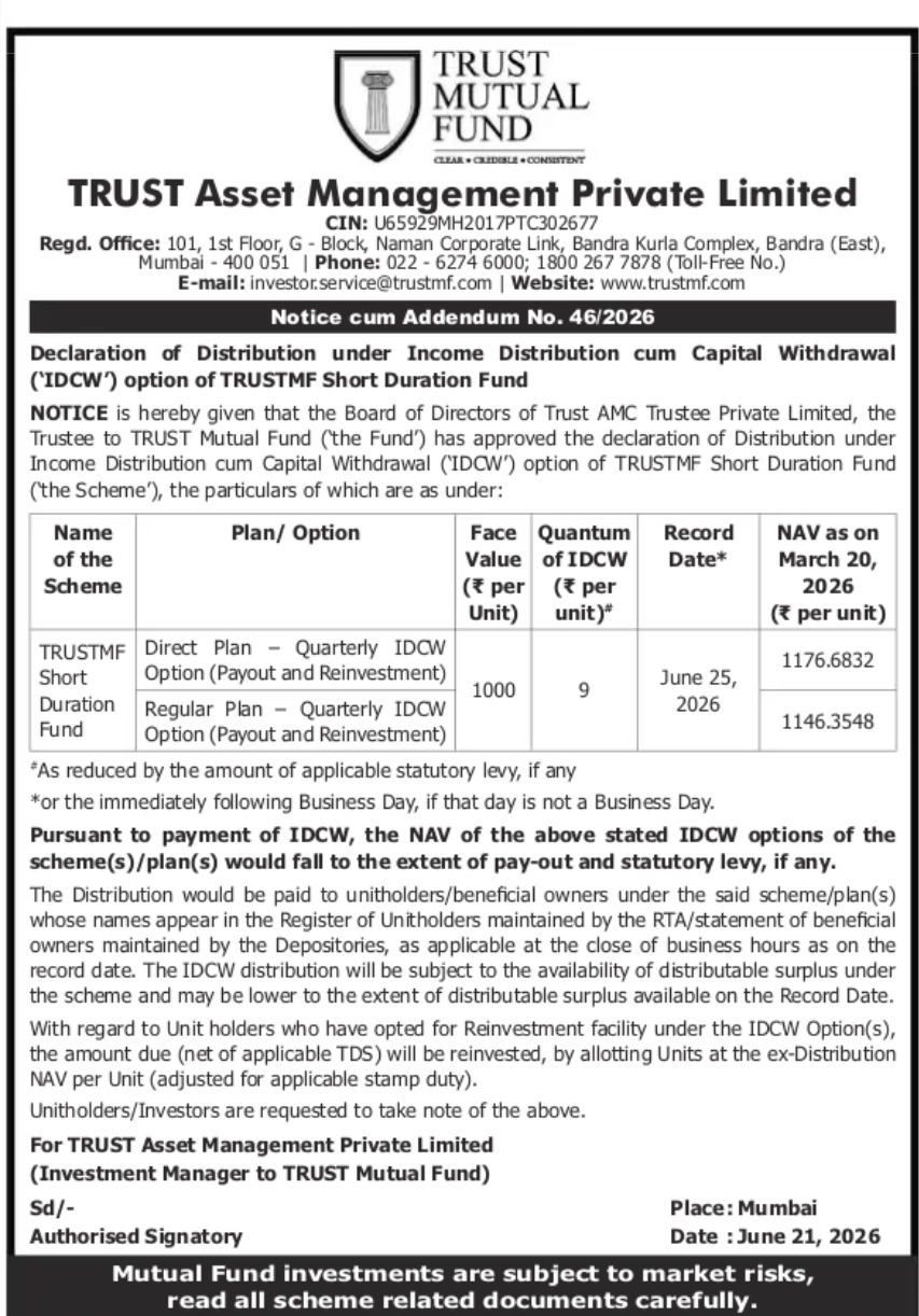 Notice Cum Addendum – IDCW Declaration (TRUSTMF Short Duration Fund)
