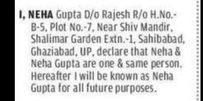 NOTICE – Declaration of Name Usage (Neha / Neha Gupta)
