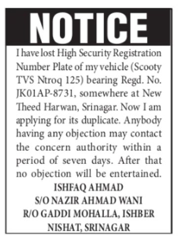 Notice – Duplicate High Security Registration Number Plate Application (Srinagar) Ishfaq Ahmad