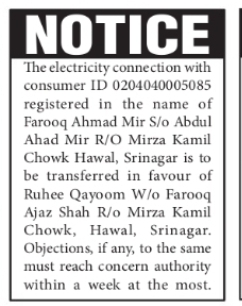NOTICE – ELECTRICITY CONNECTION TRANSFER
